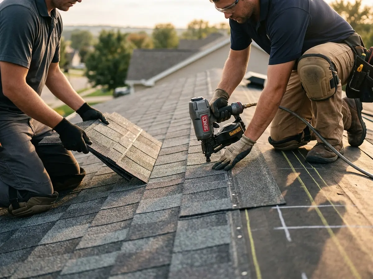 Professional roofer working on a residential roof in Brookville